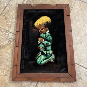 Vintage Black Velvet Painting Praying Boy Green Pajamas Wood Frame 24x16 MCM